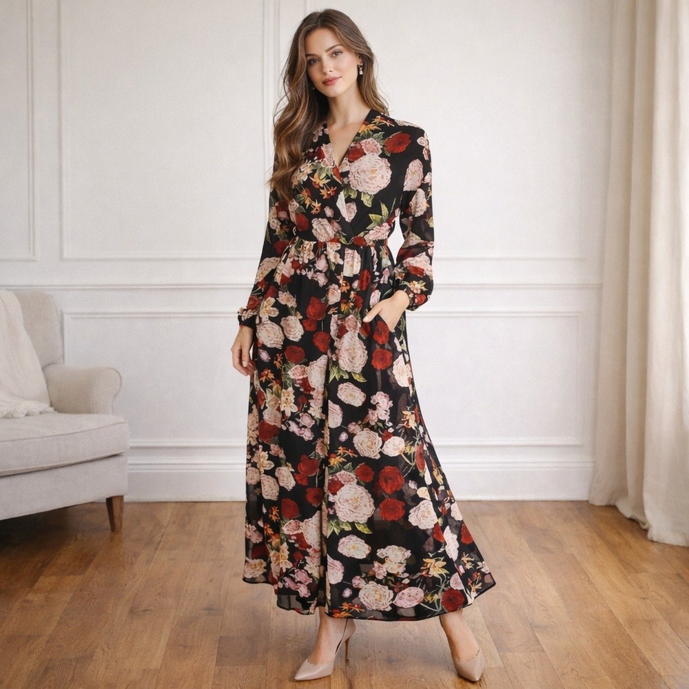 Umgee Womens Dark Floral Maxi Dress Size S Wrap Style Long Sleeve Romantic NWT